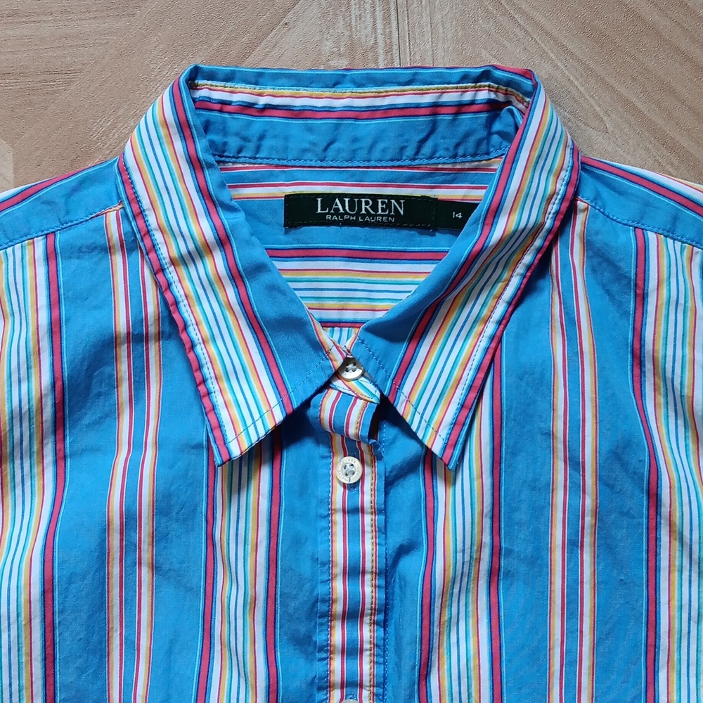 Lauren by Ralph Lauren 100% cotton summer striped button down size 14